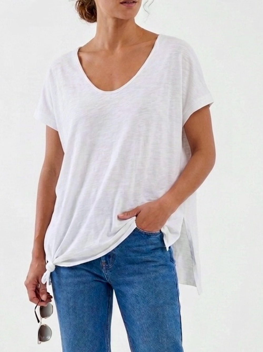 RDI 100% Cotton Slouchy White V-Neck Short Sleeve Tee Tunic Top